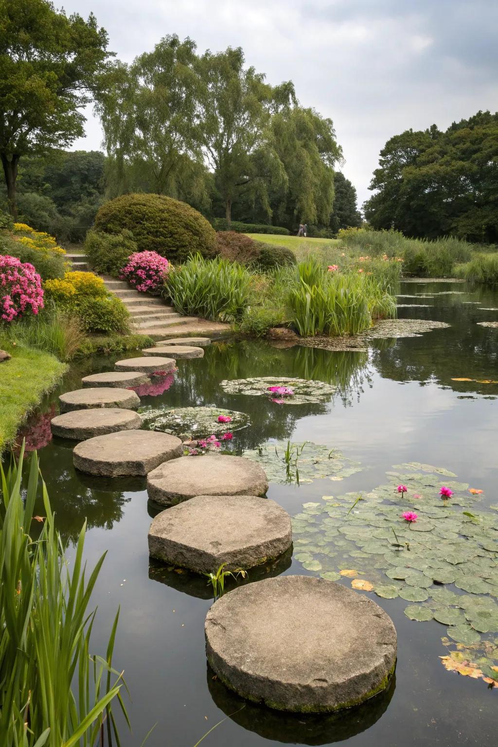 Stepping stones providing a charming and functional route across a pond.