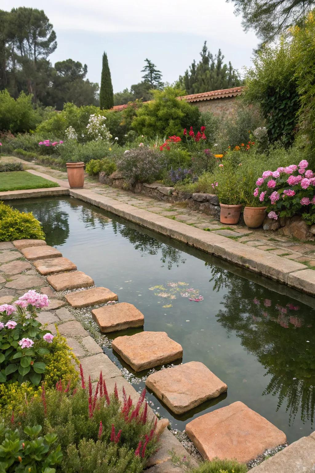 Terracotta toned stones adding inviting warmth to a pond.