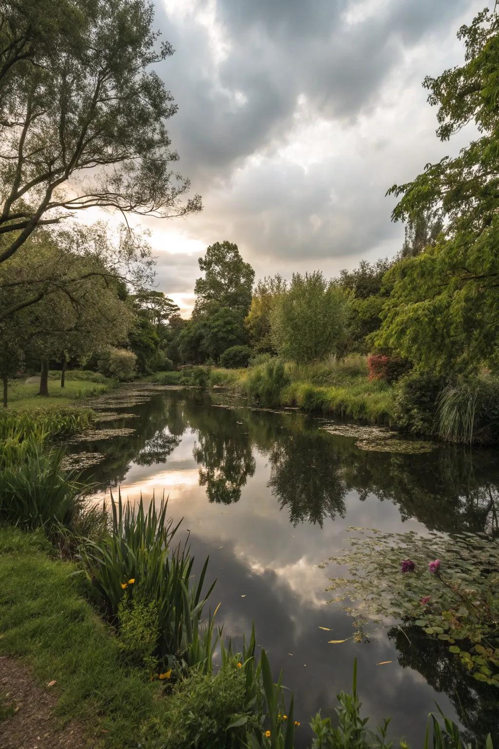 Mirror-like reflective pond blending scenery into water.