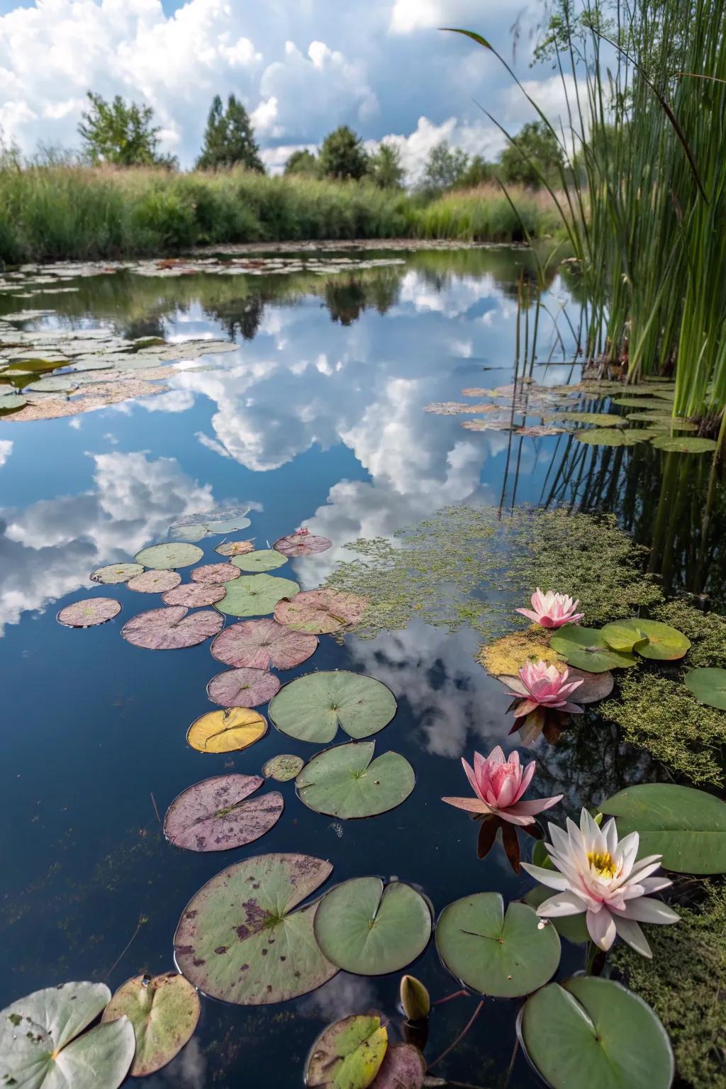 Water lilies providing elegant natural decoration to the pond.