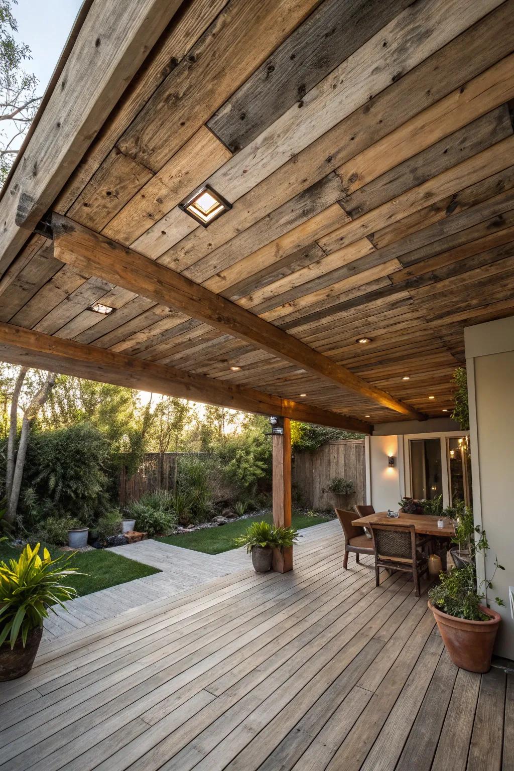 Reclaimed wood adds character and sustainability to your patio.
