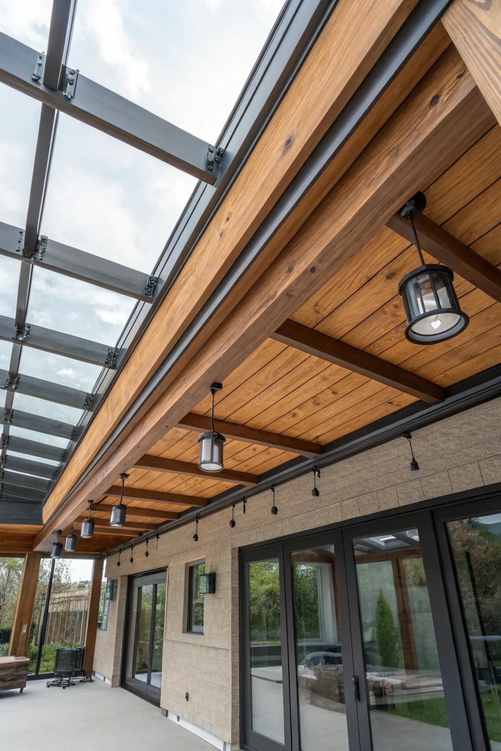 Mixed materials add depth to your patio ceiling design.