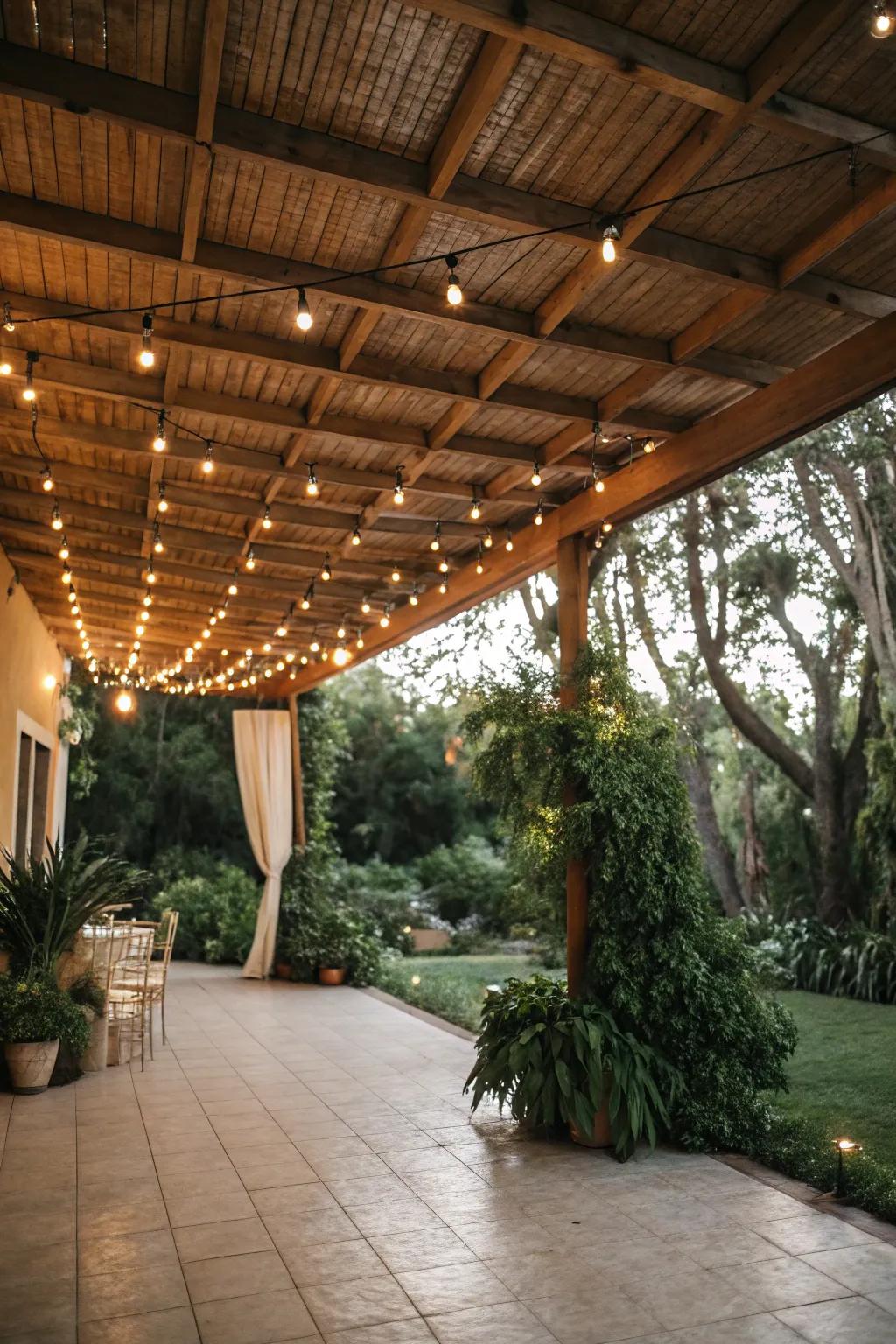 Natural wood tones bring warmth and elegance to your patio ceiling.