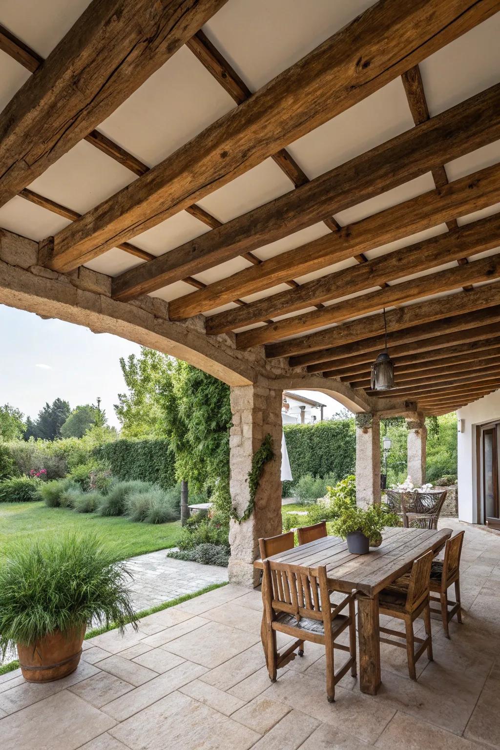 Rustic beams add warmth and character to your outdoor space.