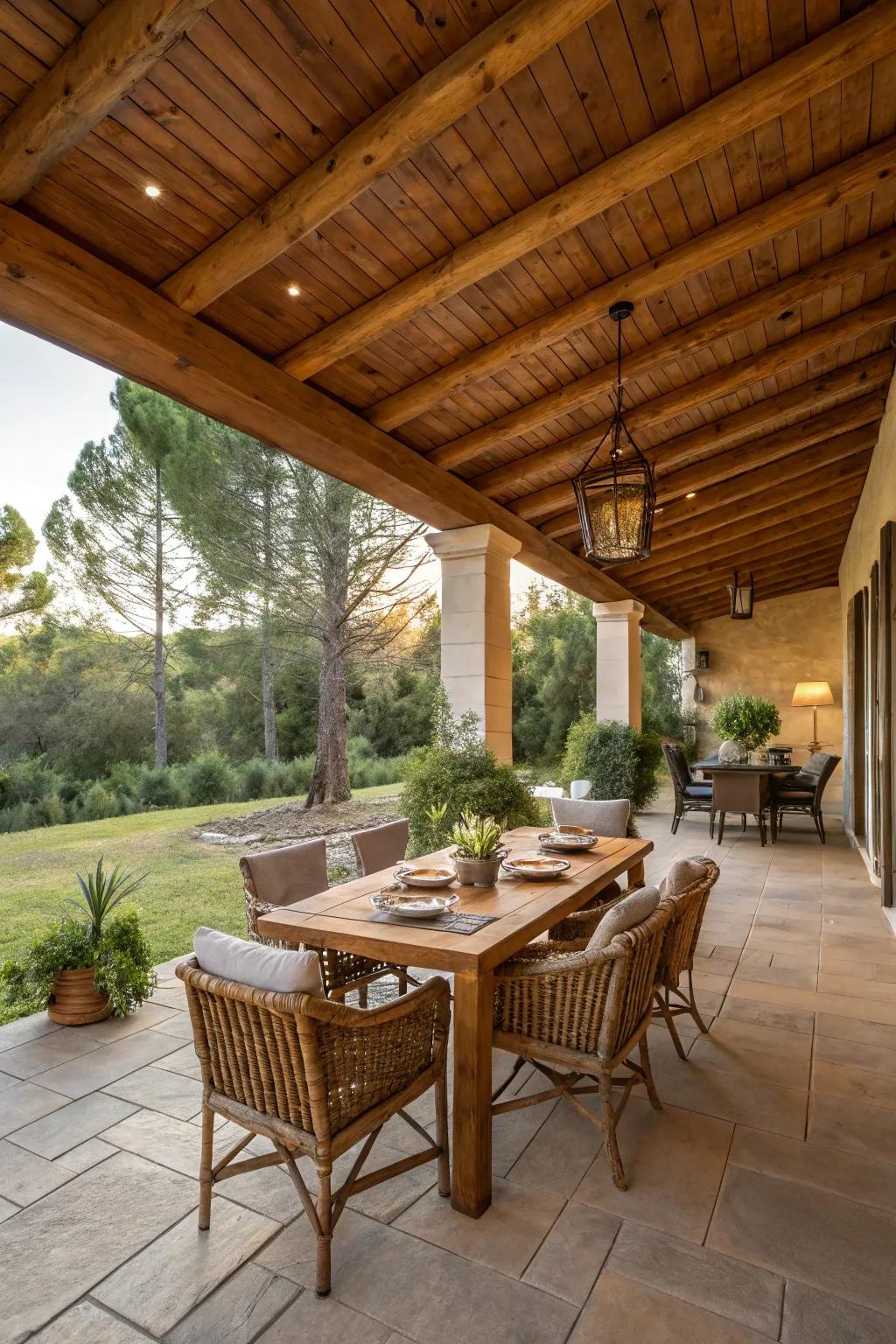 Harmonize your wood ceiling with stylish outdoor furniture.