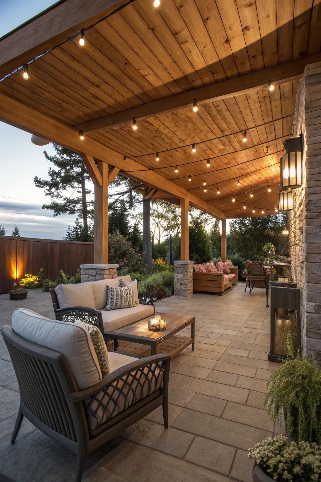 Enjoy the outdoors in comfort with a beautifully covered wooden patio.