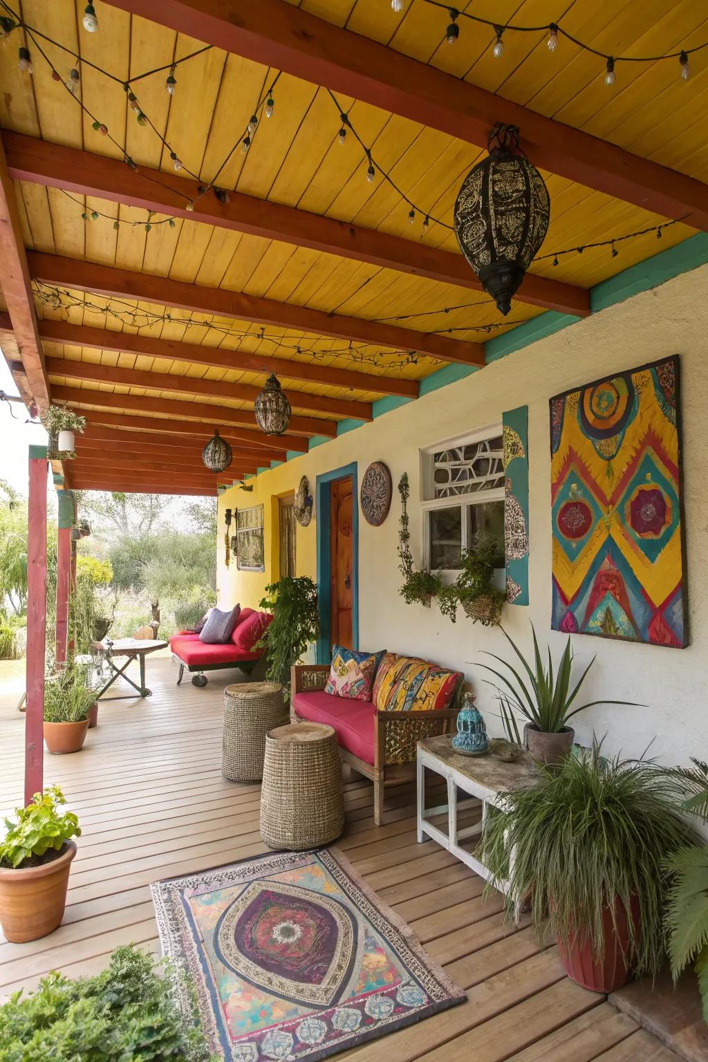 A colorful ceiling adds a vibrant touch to your patio.