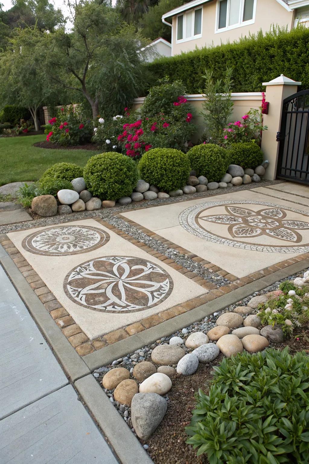 Artistic stone patterns add a unique charm to the parking area.