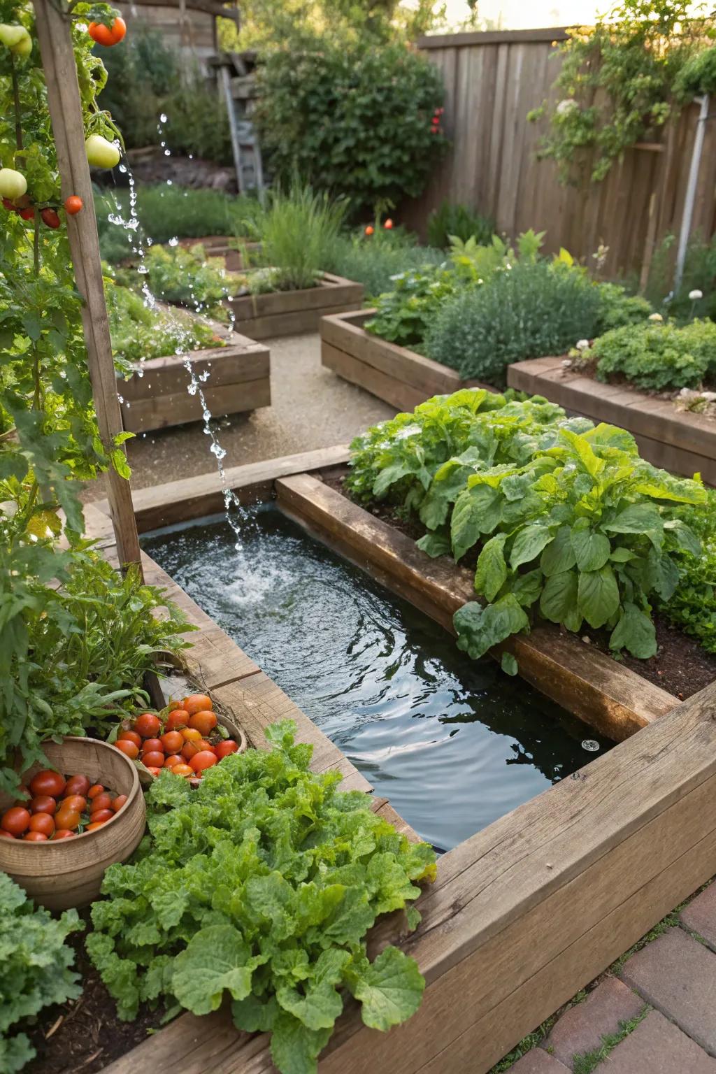 Tranquil water feature surrounded by vibrant garden beds.