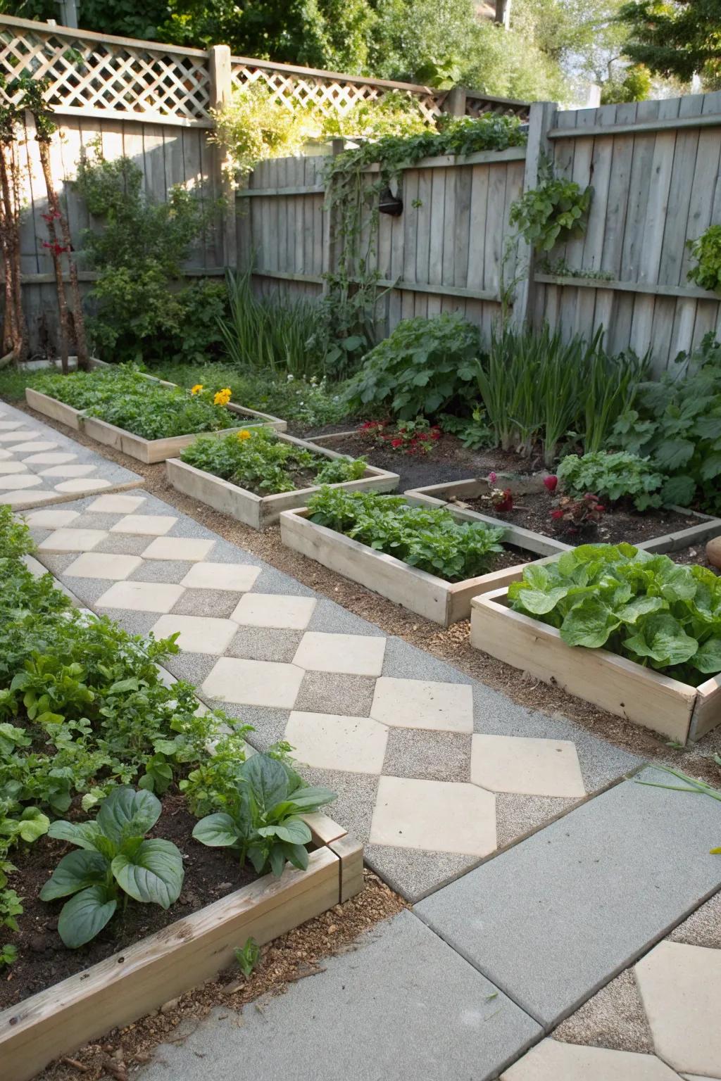 Chic shade garden using a checkerboard layout optimized for veggie growth.