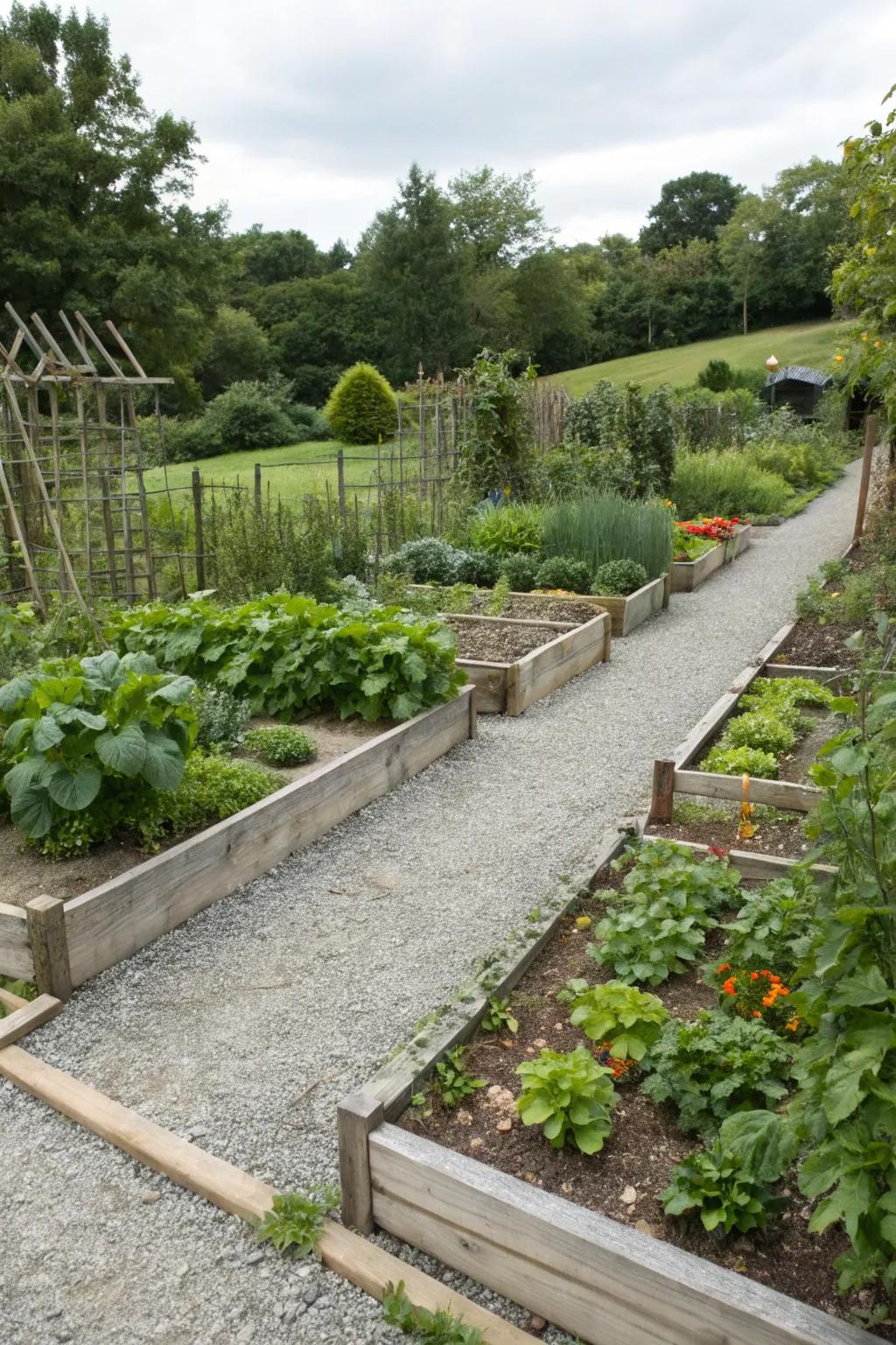Organized vegetable garden featuring gravel paths for convenience.