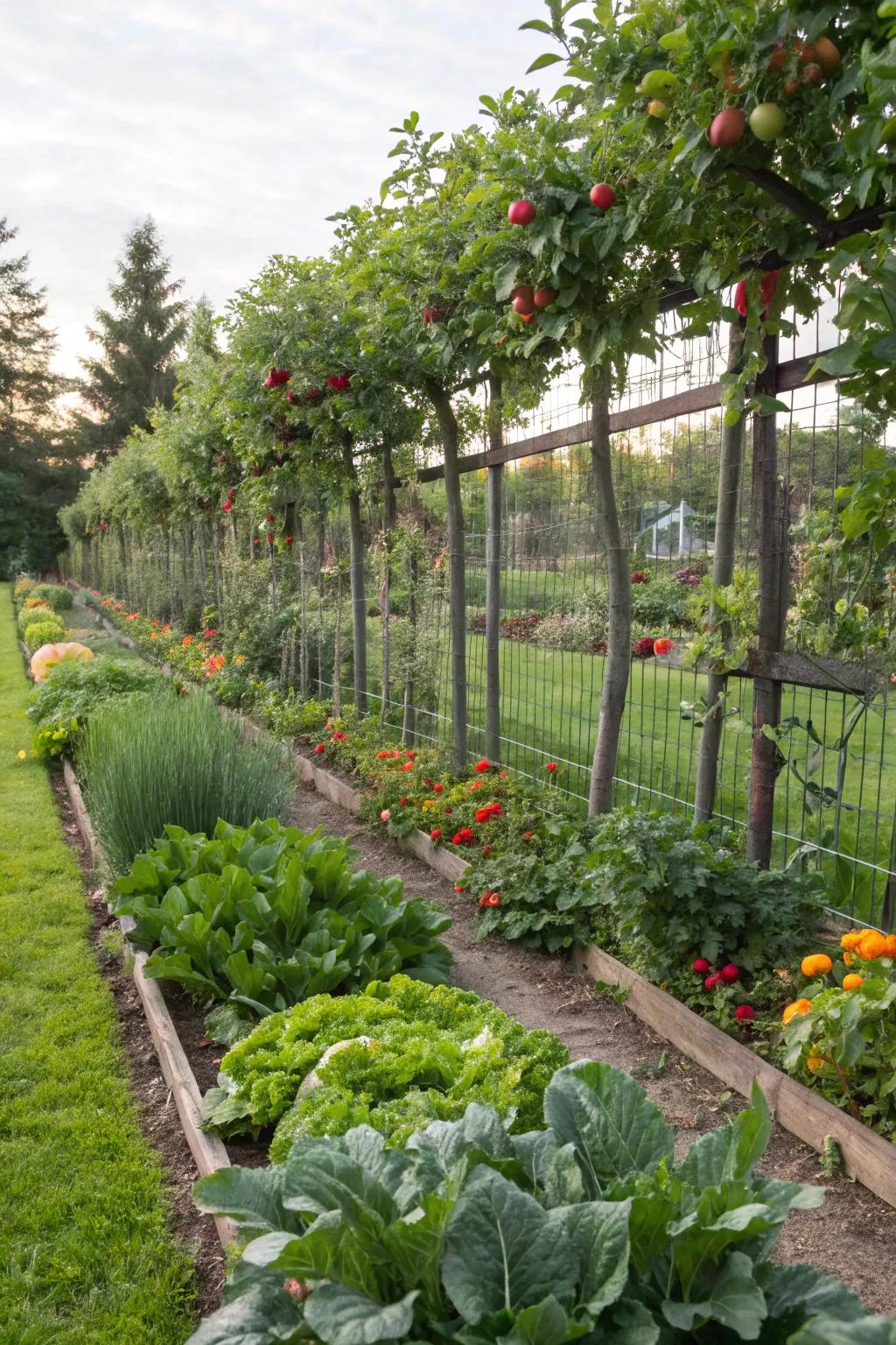 Espaliered dwarf apple trees gracing a garden space.