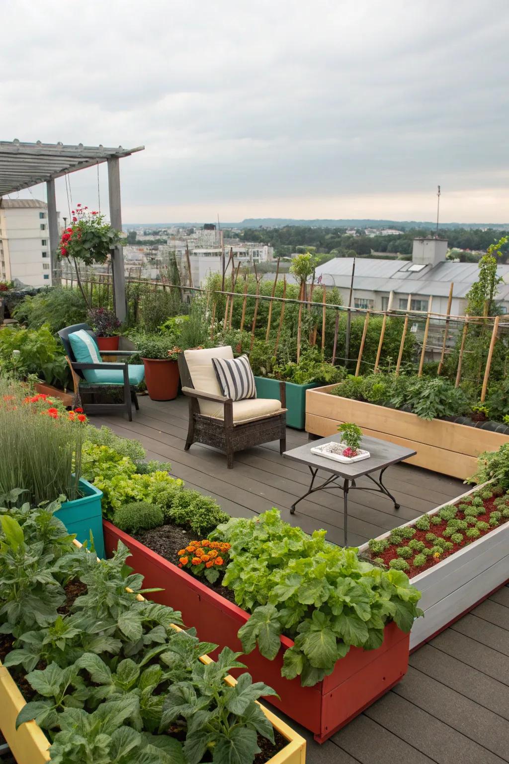 A rooftop garden filled with container-grown vegetables and herbs.