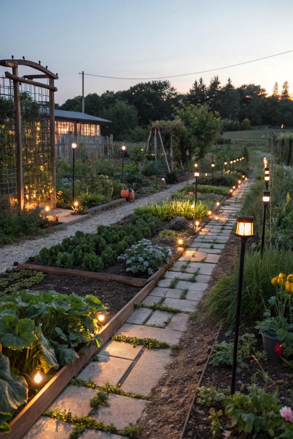 Solar garden lights illuminating pathways creating enchanting night views.