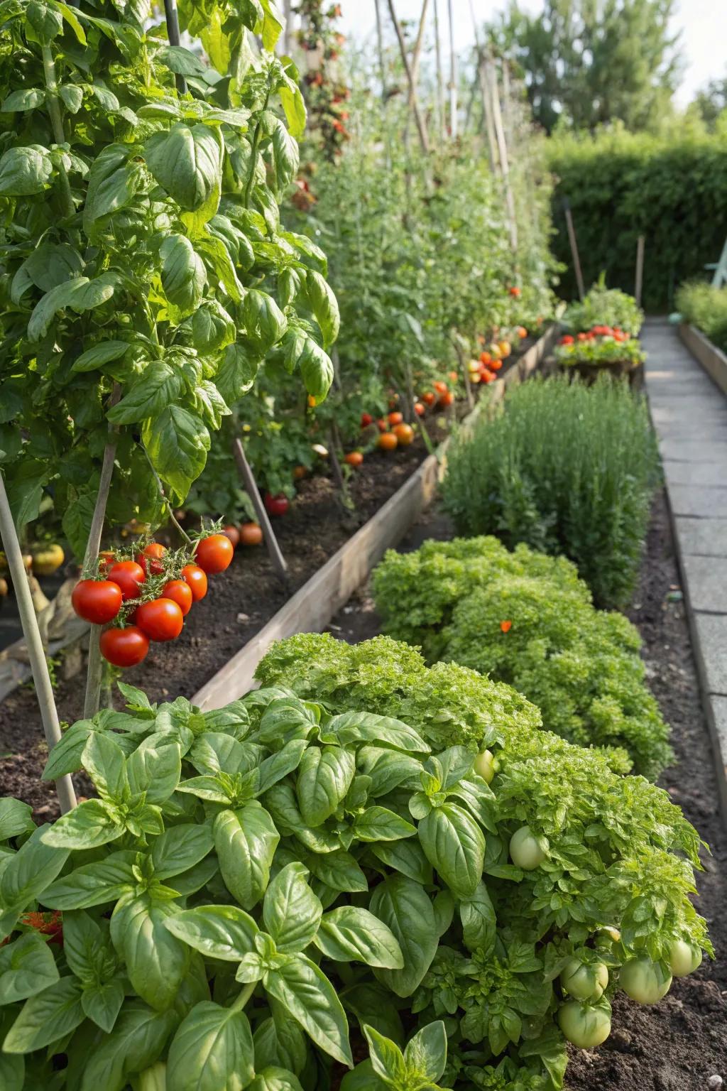 Basil and tomato plants thriving side by side in garden.
