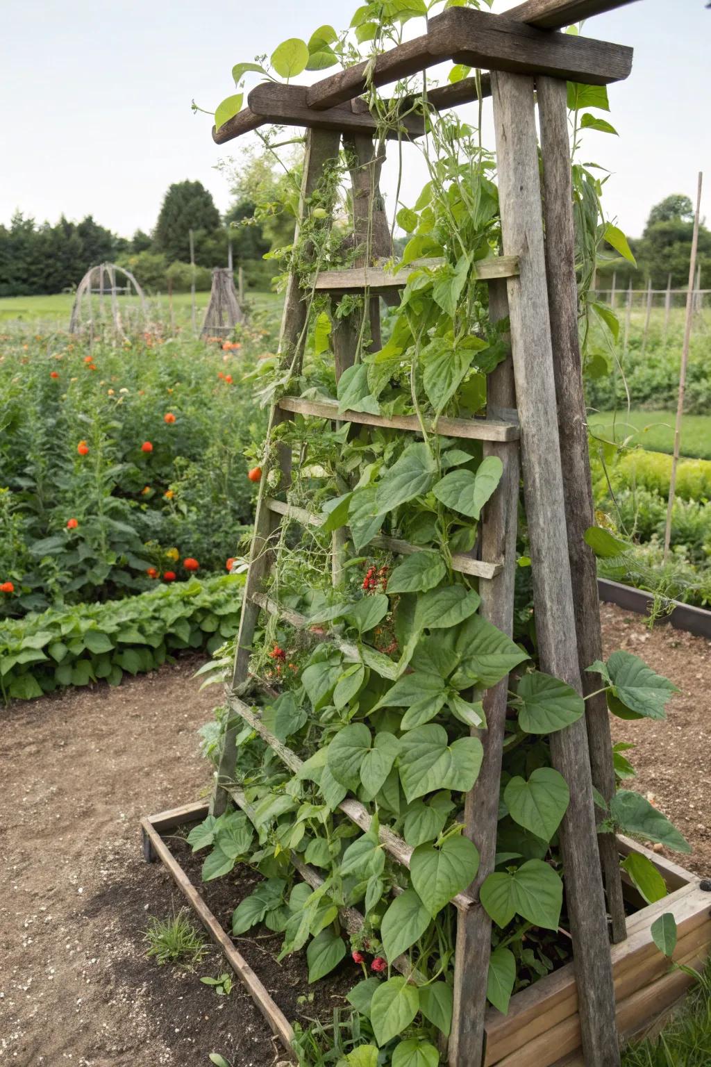 Rustic wooden trellis supporting climbing bean plants.