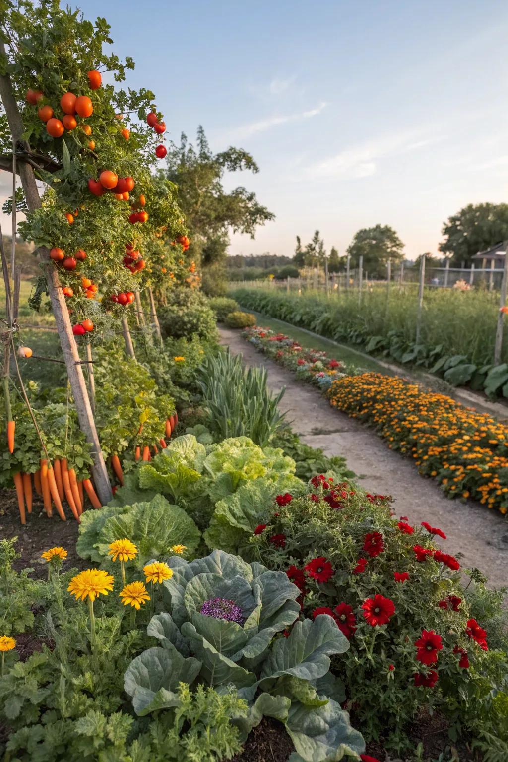 A vibrant mix of edible vegetables and ornamental flowers.