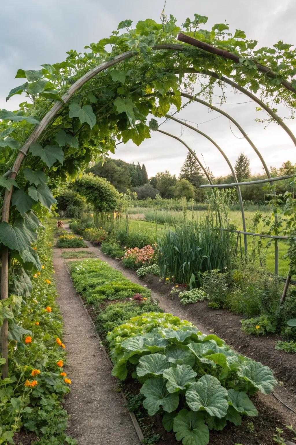 A beautiful trellis arch decorated with climbing cucumbers.