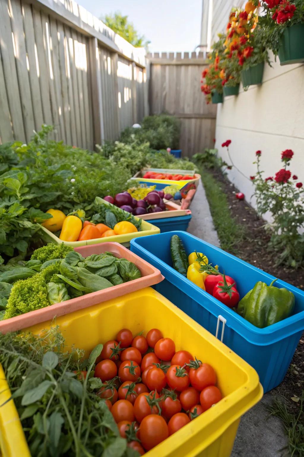 Colorful containers overflowing with assorted vegetables.