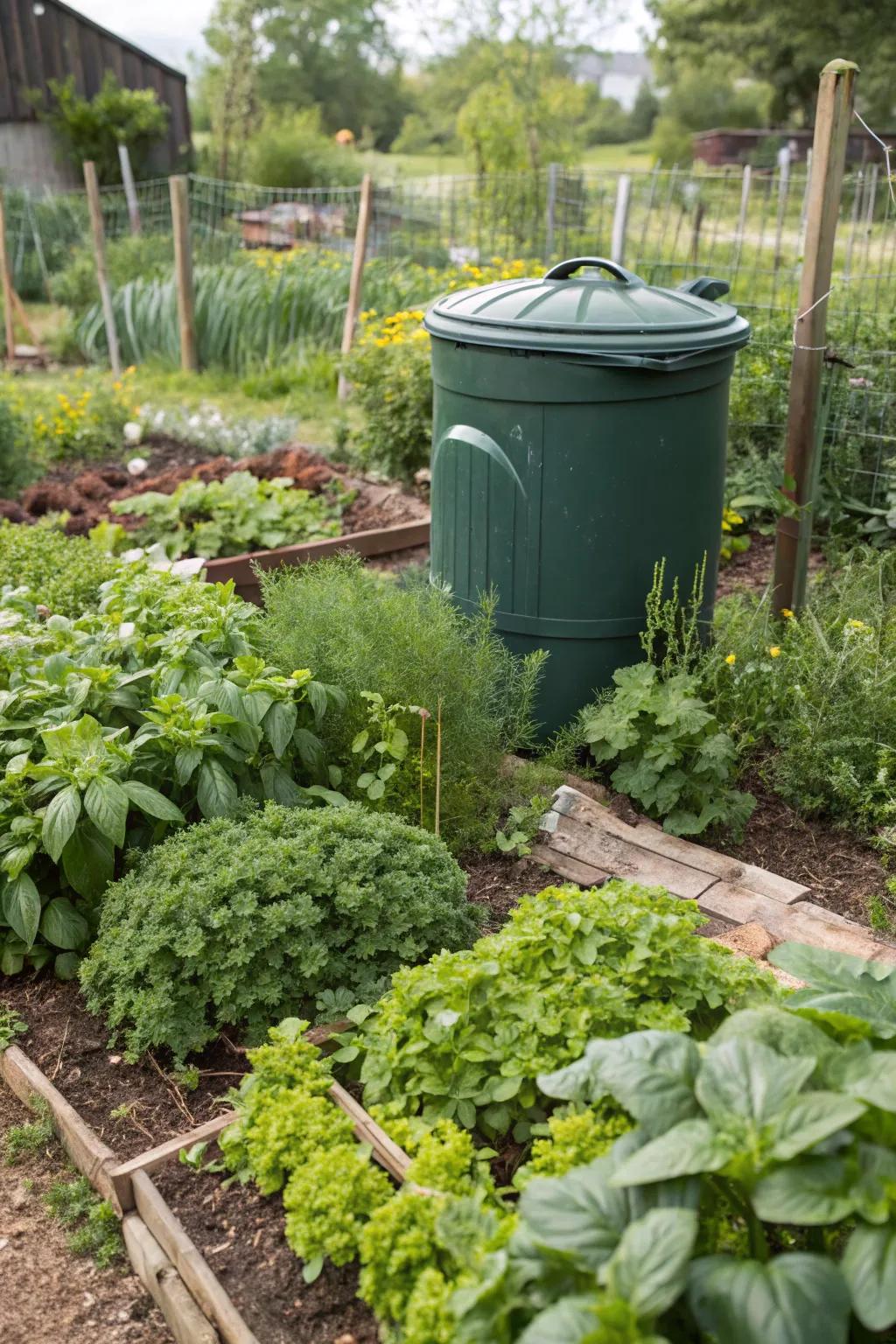A sleek compost bin harmoniously placed within an herb garden.