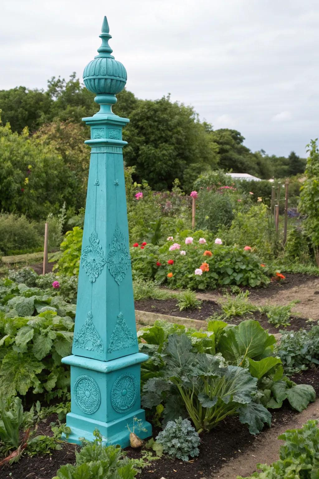 A striking turquoise garden obelisk as a centerpiece.