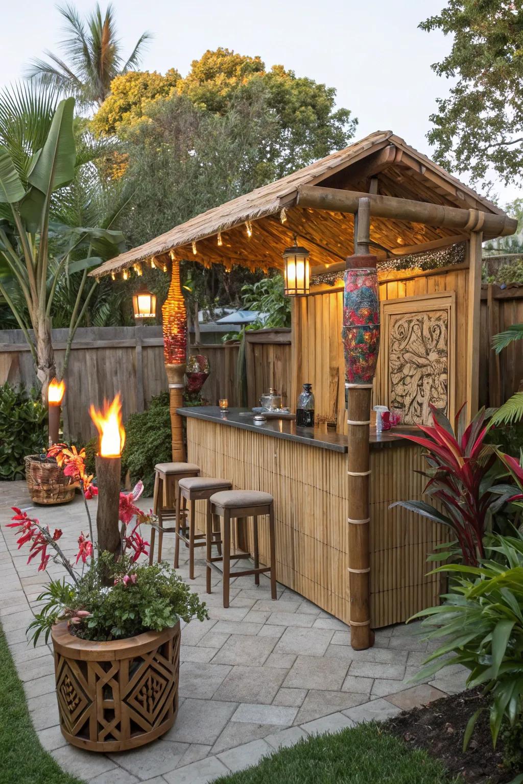 A backyard tiki bar complete with bamboo and tiki details.