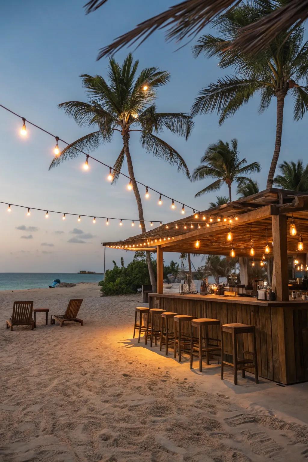 String lights transform a beach bar into a nighttime retreat.