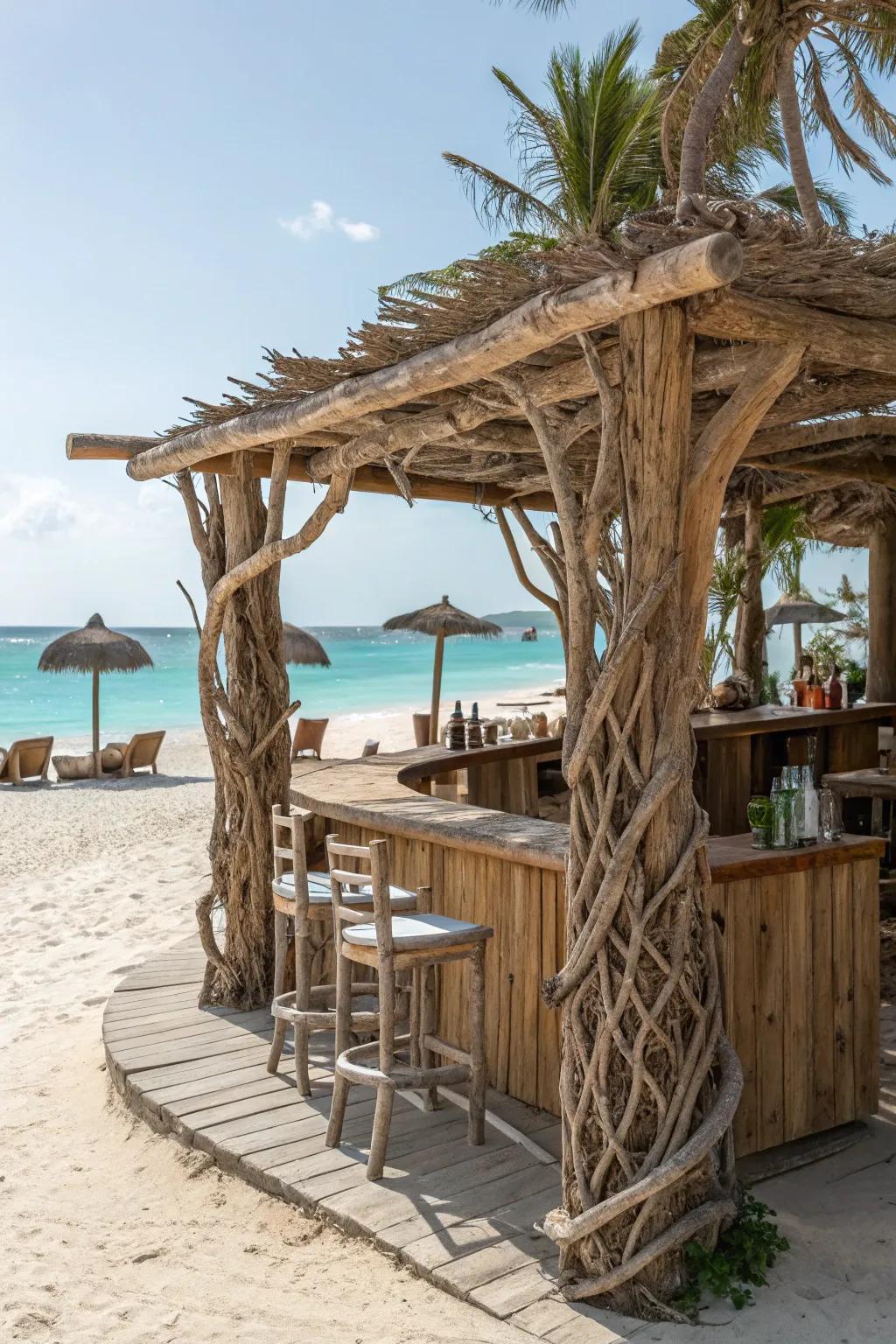 Rustic driftwood adds natural elegance to a beach bar.