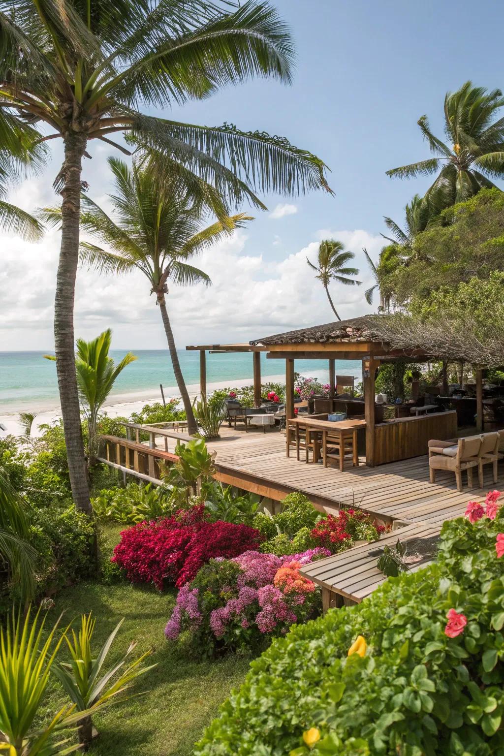 Lush greenery enhances the freshness of a beach bar.