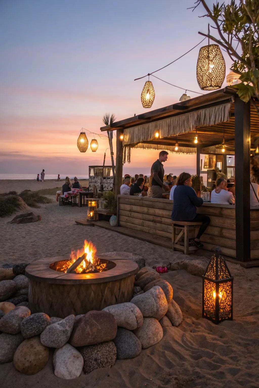 A portable fire pit adds warmth to the evening.