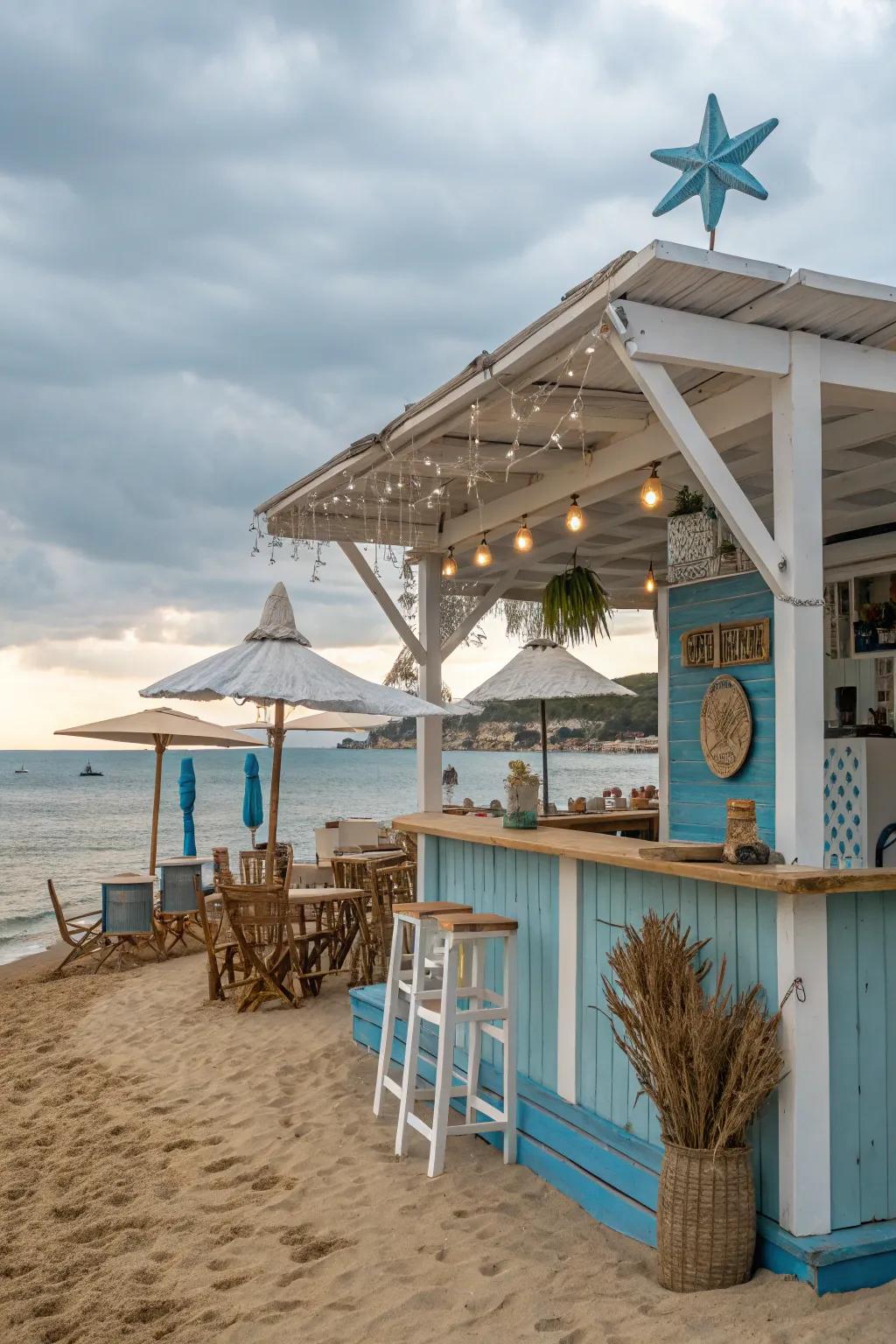 A tranquil beach bar featuring a soothing coastal color scheme.