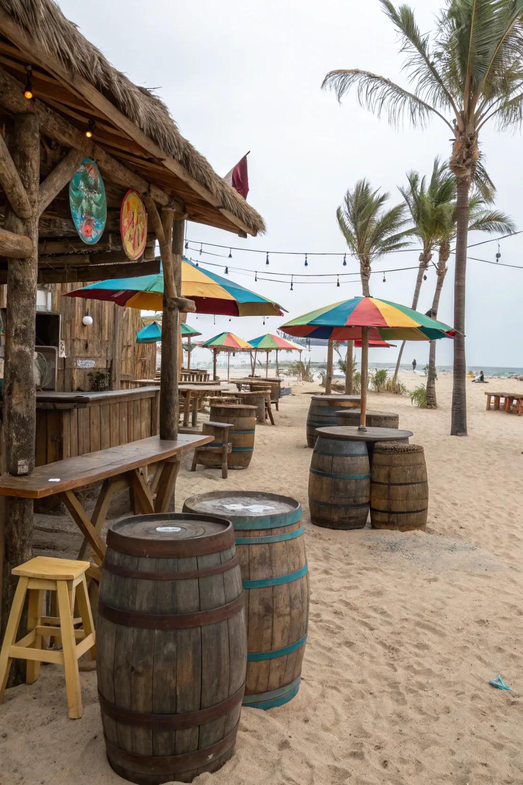 Barrel tables add a touch of rustic charm.