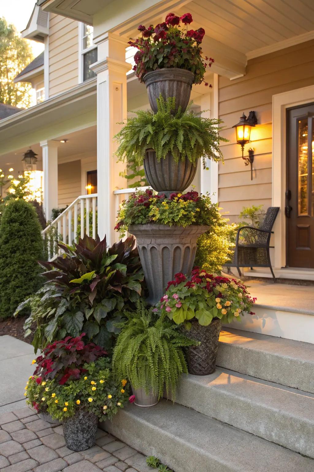 Layered heights in faux plants add depth and interest.