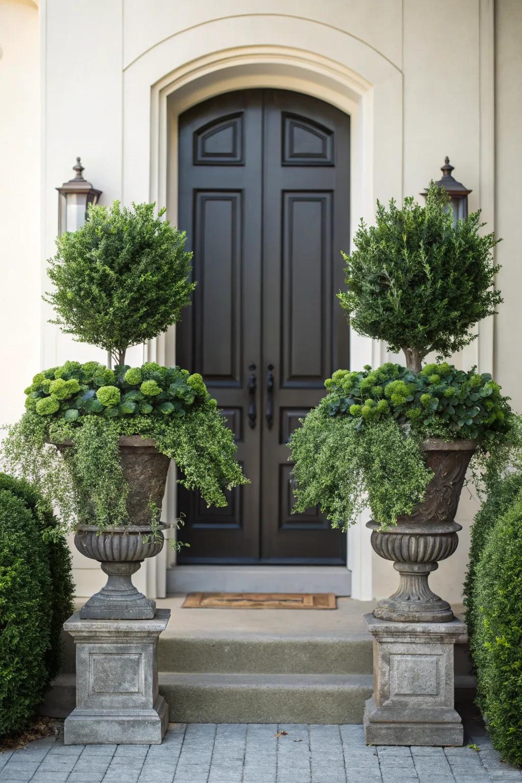 Symmetrical faux plants create a balanced entrance.