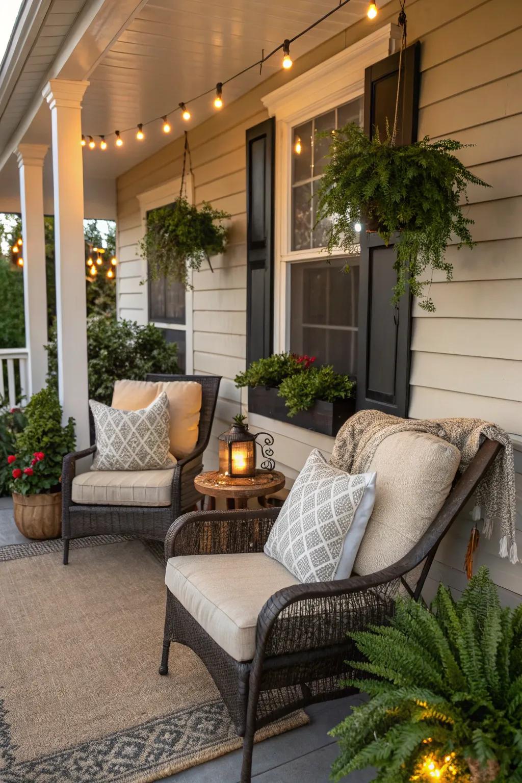 A cozy seating area enhanced with faux plants.