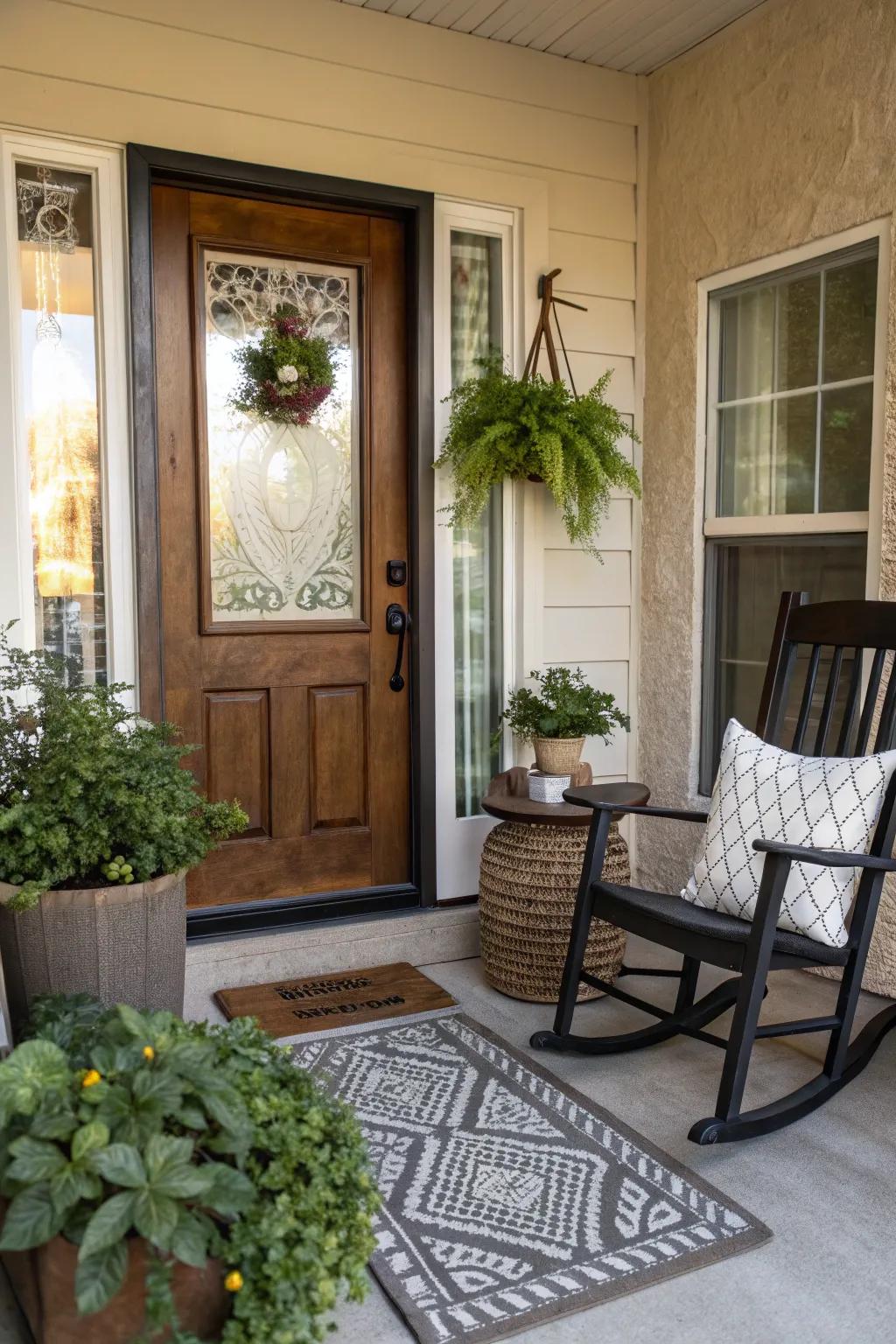 A coordinated welcome mat and faux plants create a charming entrance.