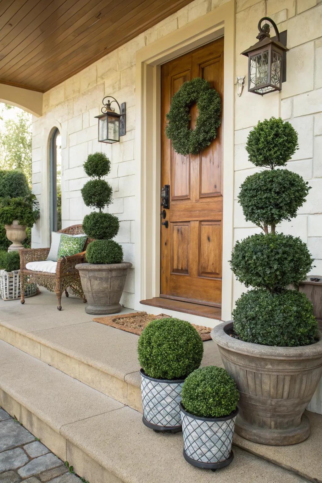 Faux topiary provides a sophisticated touch.