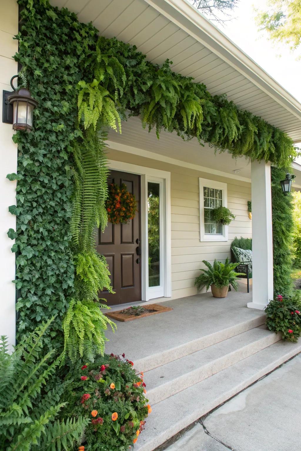 A faux plant wall makes a bold and lush statement.