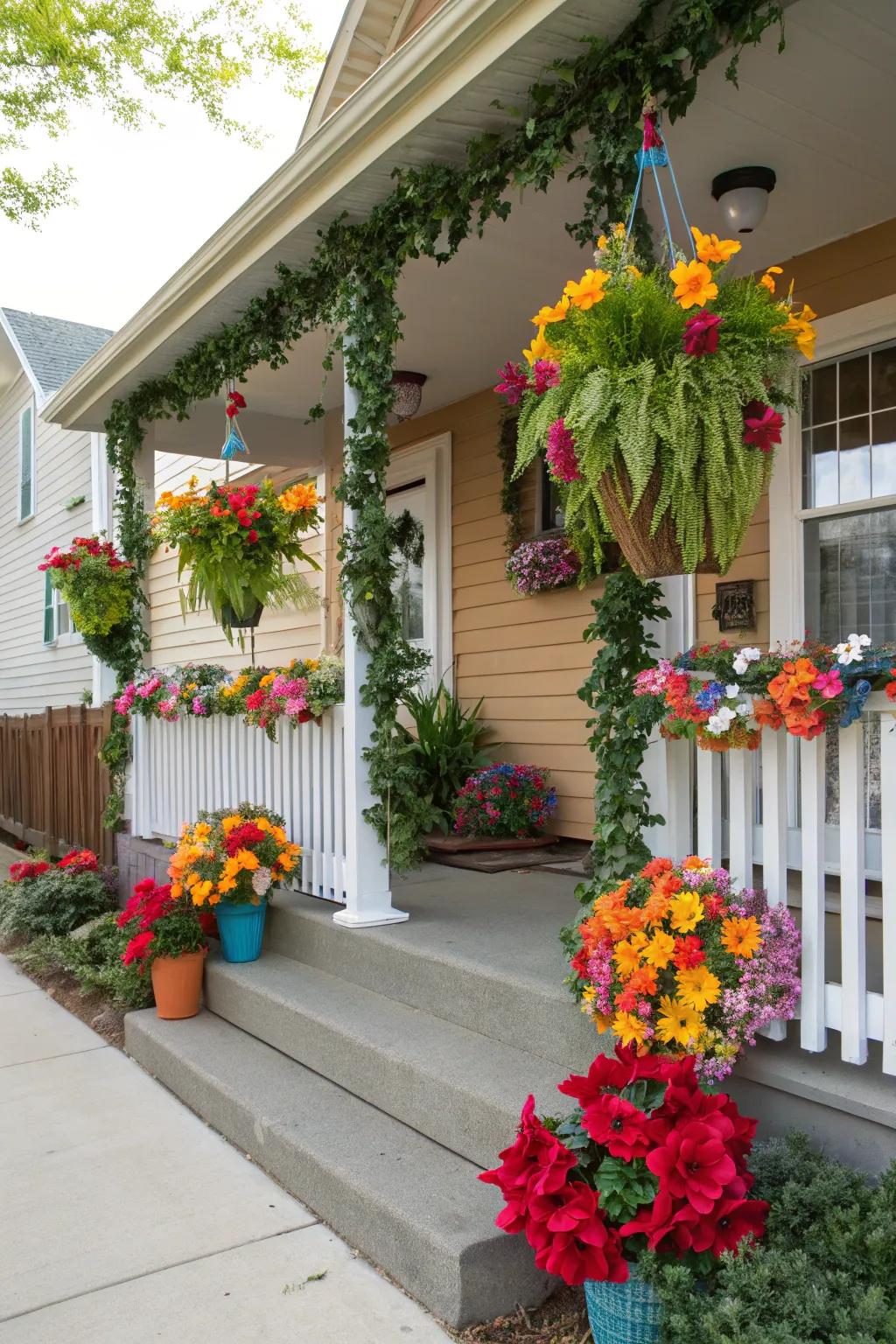 Seasonal faux plants keep the porch looking fresh.
