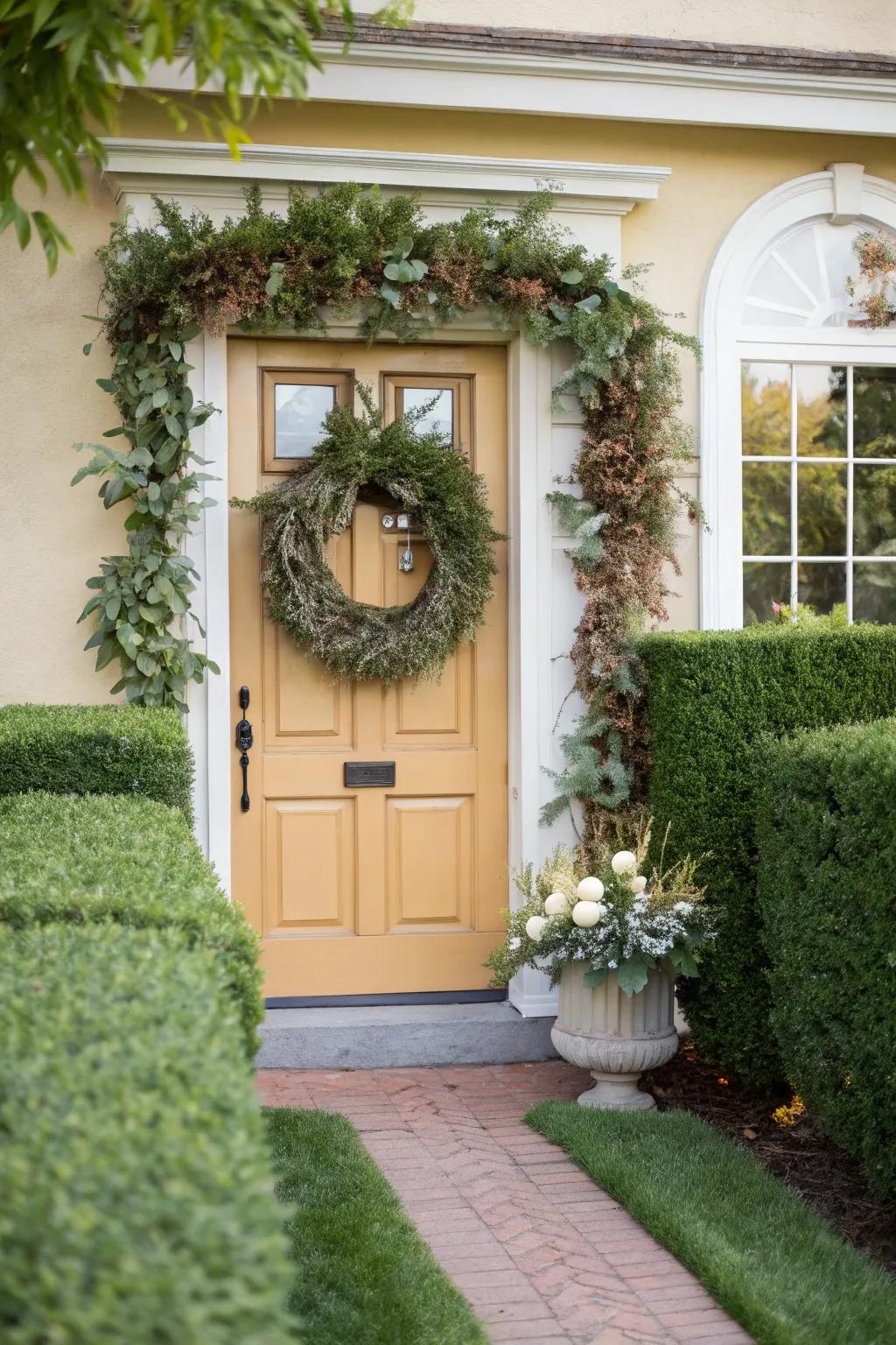 A faux plant wreath adds elegance to the front door.