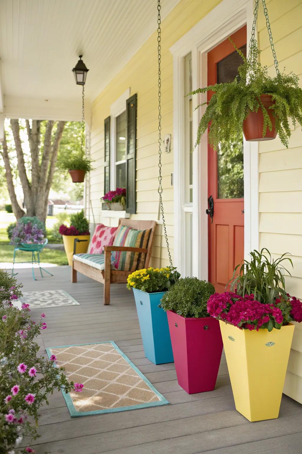Vibrant planters filled with faux greenery add a splash of joy.