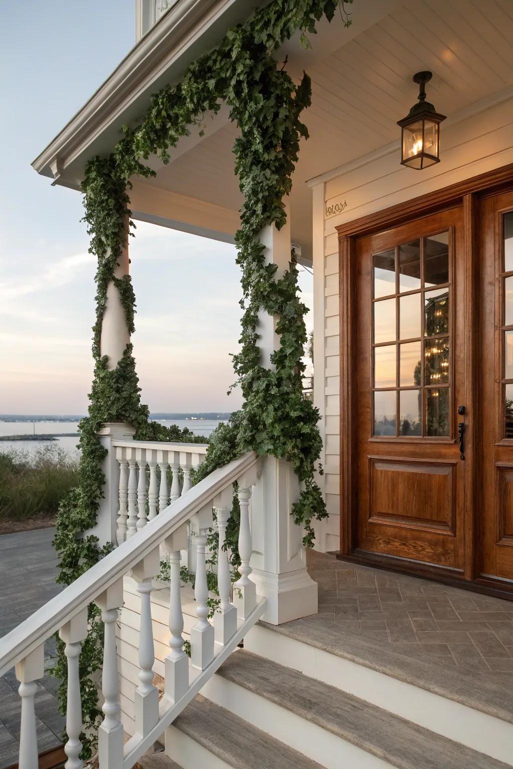 Faux ivy adds a timeless elegance to the porch.