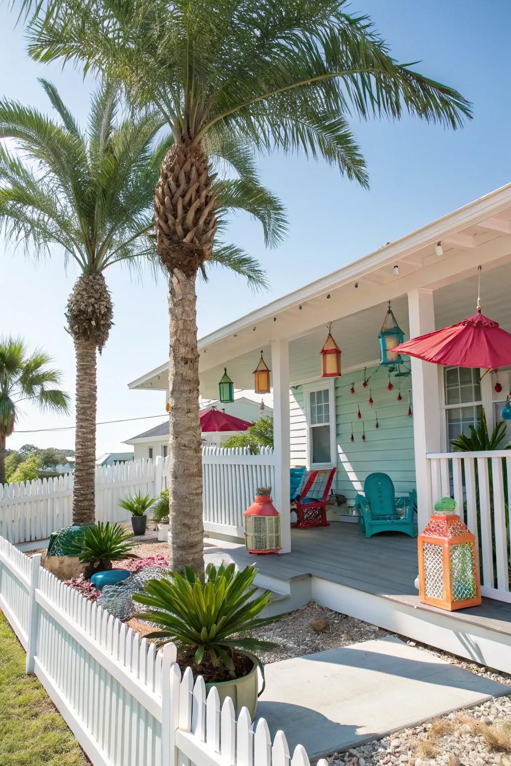 Faux palms bring tropical vibes to the porch.