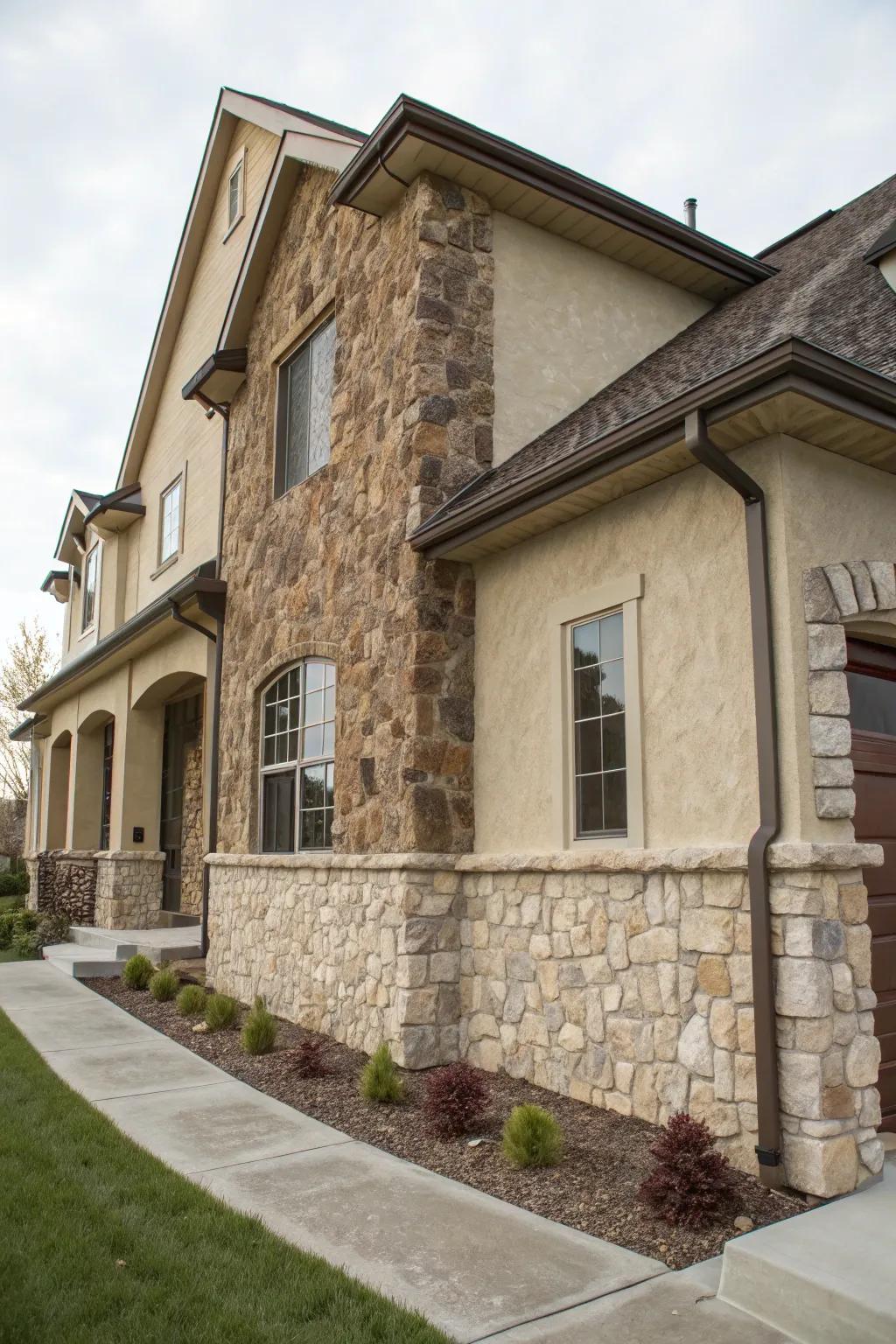 Rustic charm with varied stone textures and stucco.