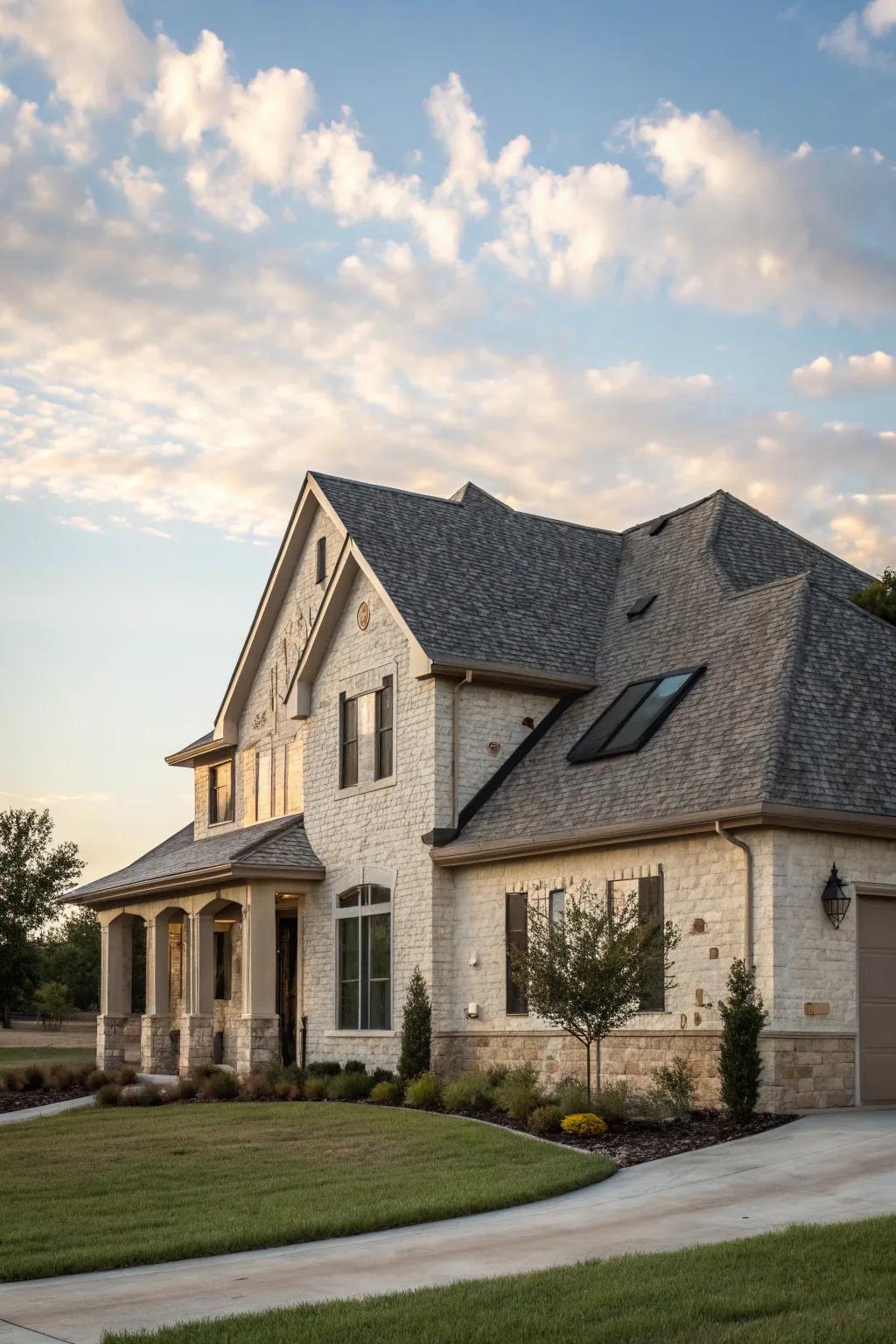 A harmonious look with a gabled roof and stucco-stone exterior.