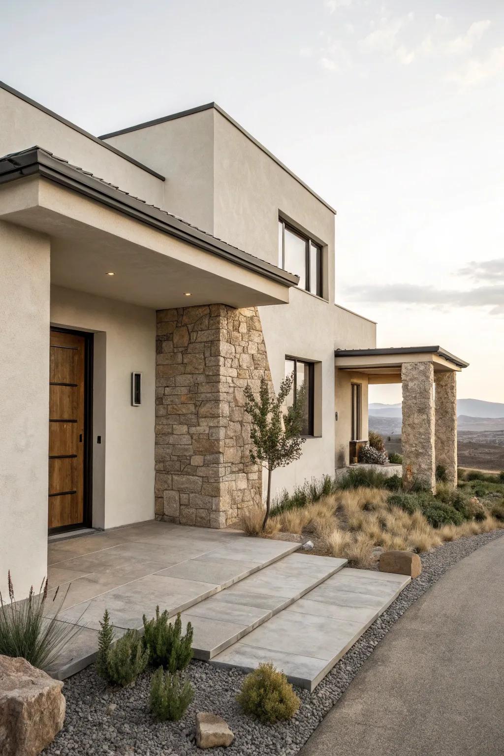 Chic minimalism with clean stucco and stone lines.