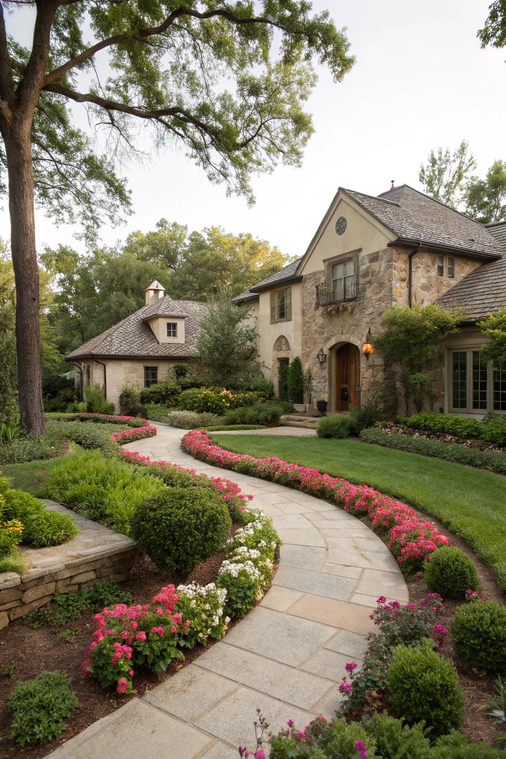 Landscaped pathways and flower beds enhance the stucco and stone exterior.
