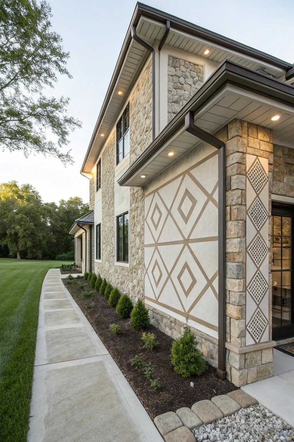 Artistic geometric patterns enhance this stucco and stone design.
