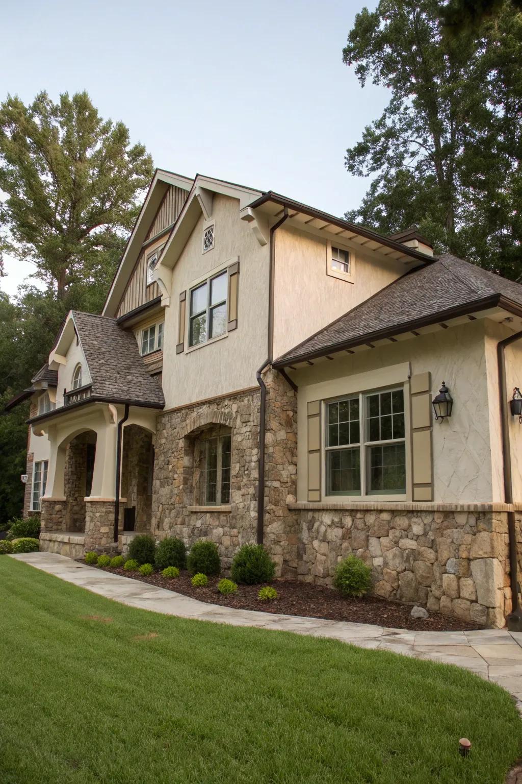 Classic charm with stone wainscoting and stucco.