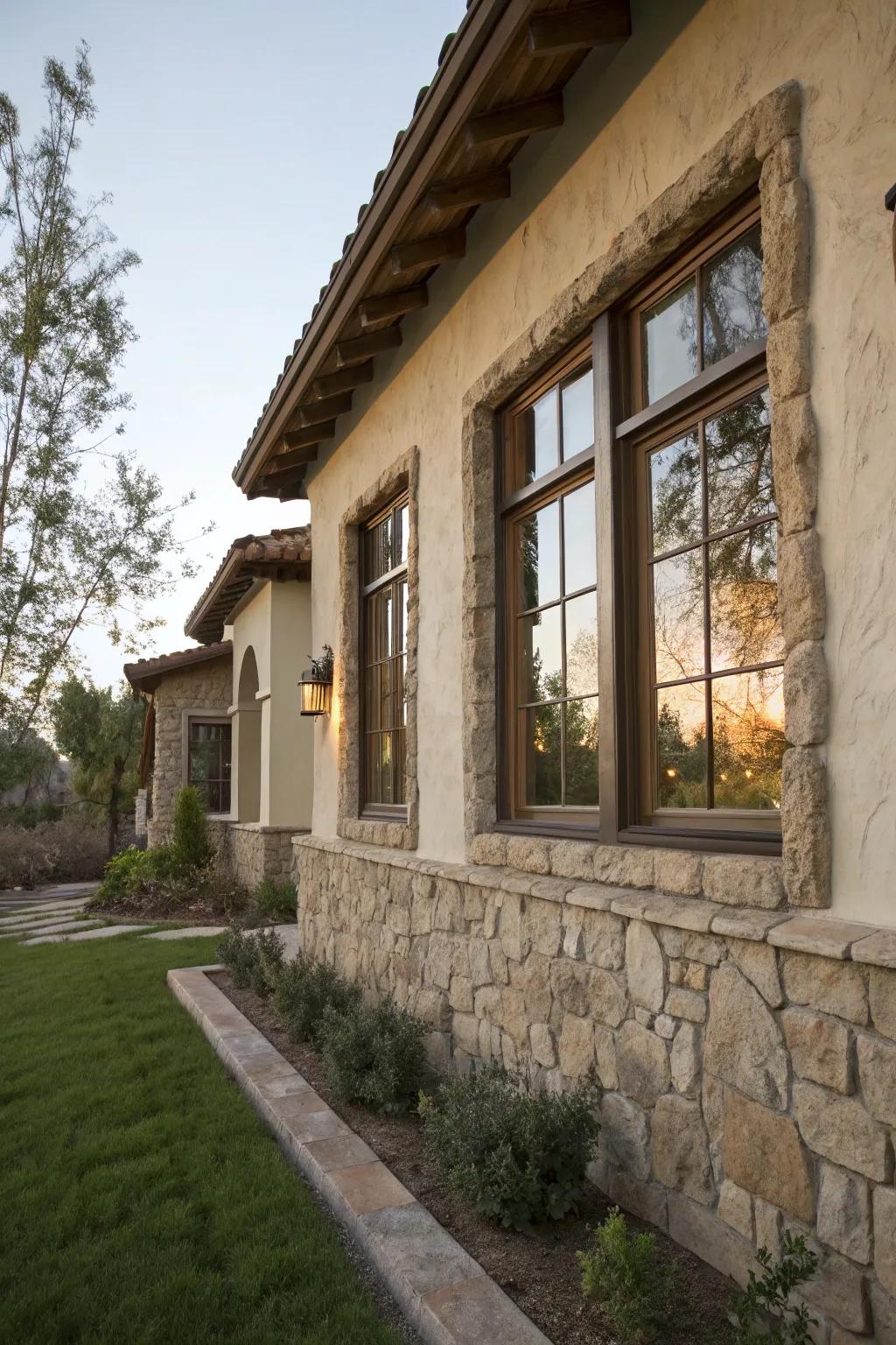 Stone-framed windows add depth and texture to this stucco home.